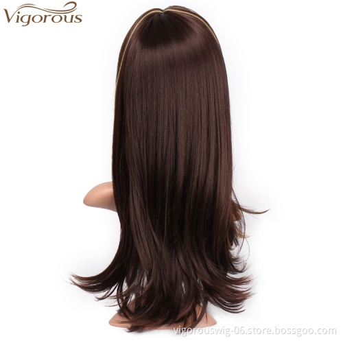 Vigorous Long Silky Straight Dark Brown Highlight Heat Resistant Smooth Synthetic Wig with Inclined Bangs for Women